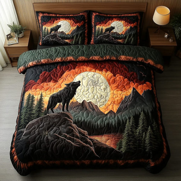 Wolf Territory quilted 3-piece bedding set on a made bed with two matching pillow shams