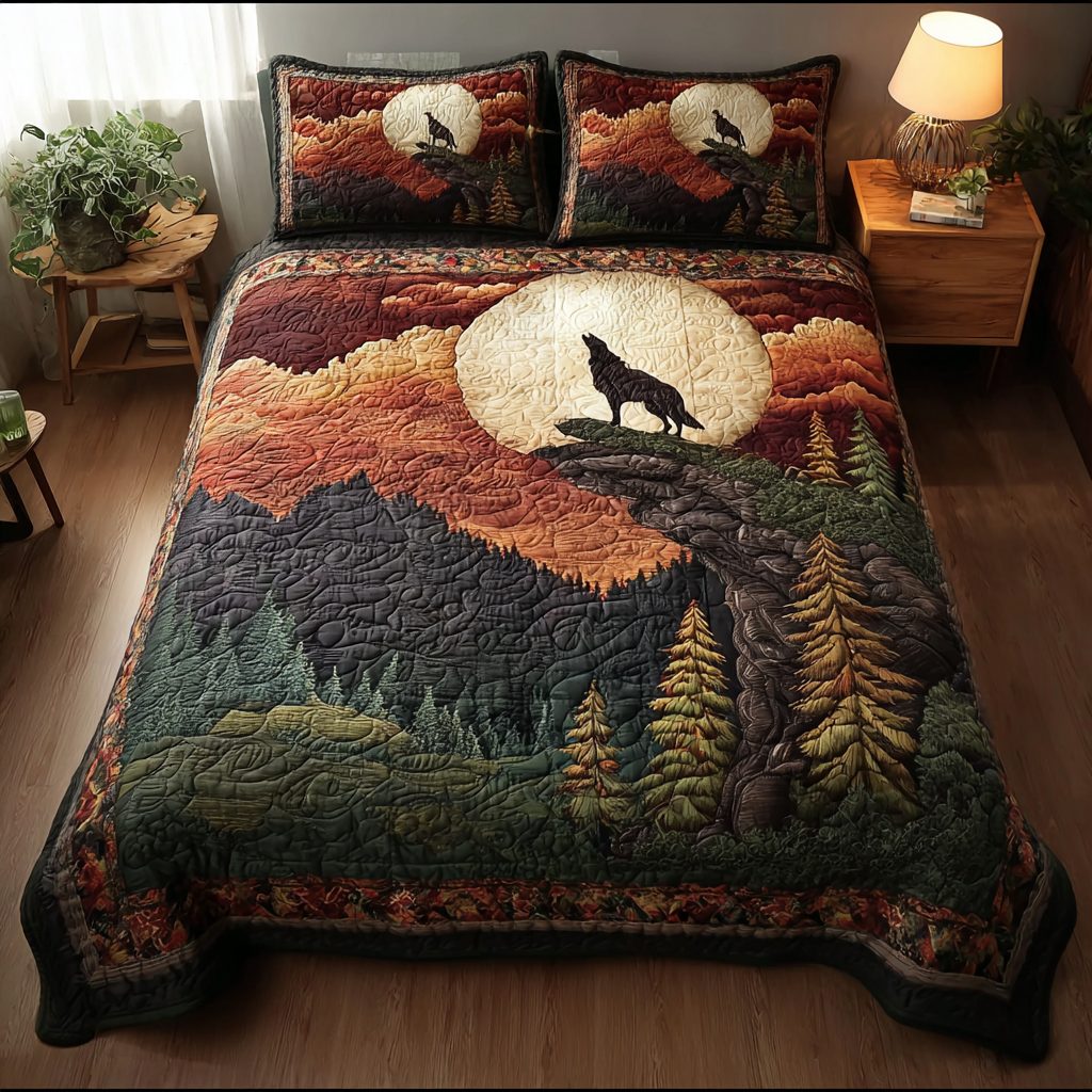 Wolf Tracks quilted 3-piece bedding set on a made bed with two matching pillow shams