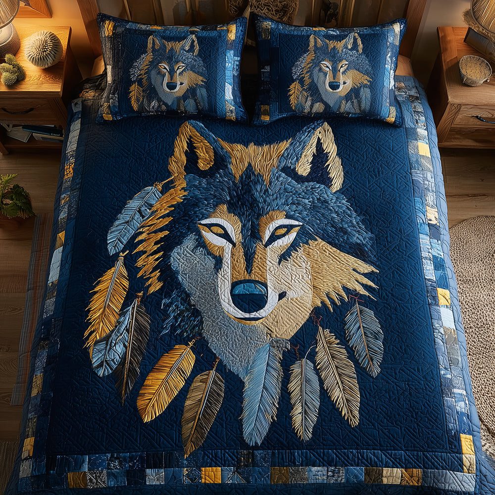 Wolf Watcher quilted 3-piece bedding set on a made bed with two matching pillow shams