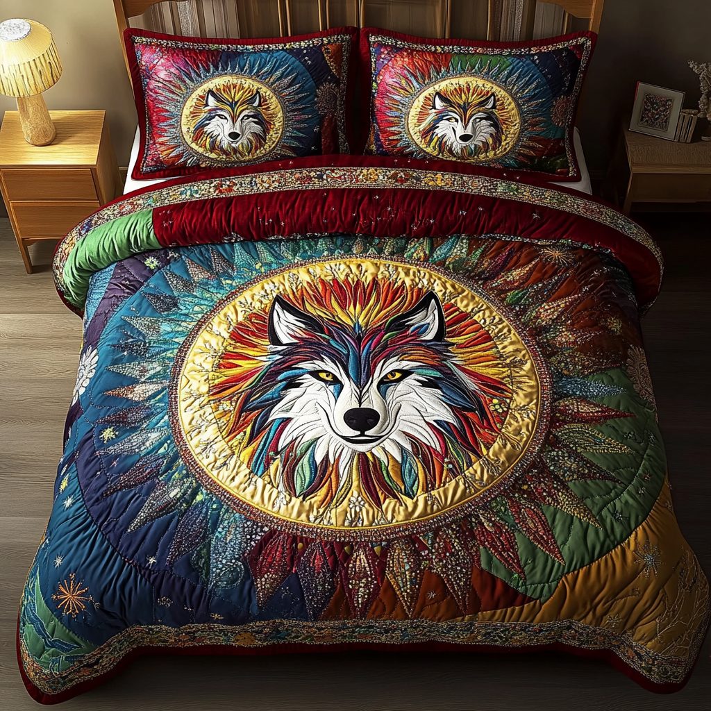 Wolf Whisper quilted 3-piece bedding set on a made bed with two matching pillow shams