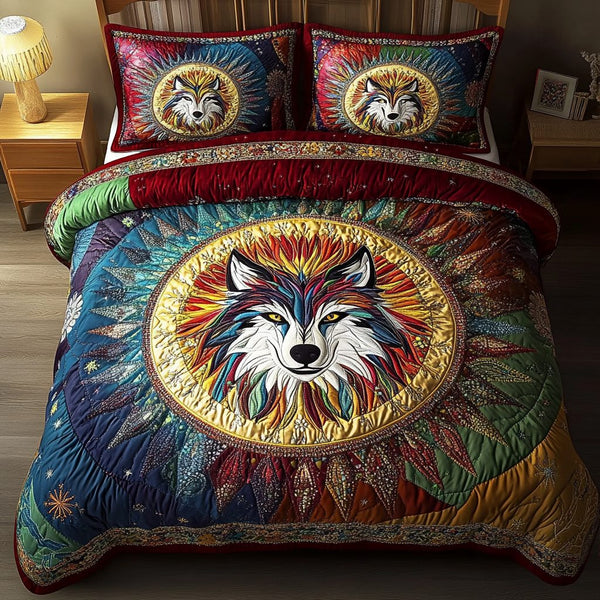 Wolf Whisper quilted 3-piece bedding set on a made bed with two matching pillow shams