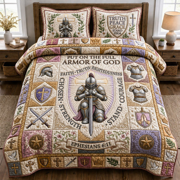 Woman Armor Of God quilted 3-piece bedding set on a made bed in a softly lit bedroom