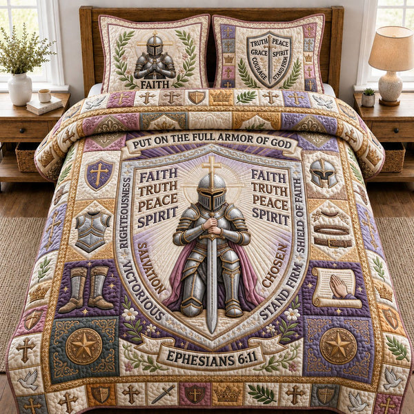 Woman Armor Of God quilted 3-piece bedding set on a made bed in a softly lit bedroom