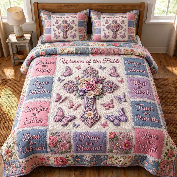 Women Of The Bible quilted 3-piece bedding set on a made bed in a softly lit bedroom