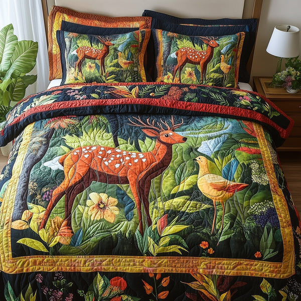 Wonder Woodland quilted 3-piece bedding set on a made bed with two matching pillow shams