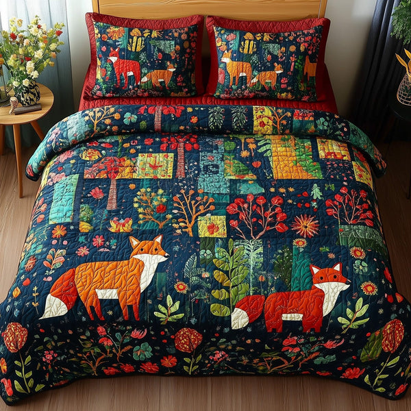 Wonder Woodland quilted 3-piece bedding set on a made bed with two matching pillow shams