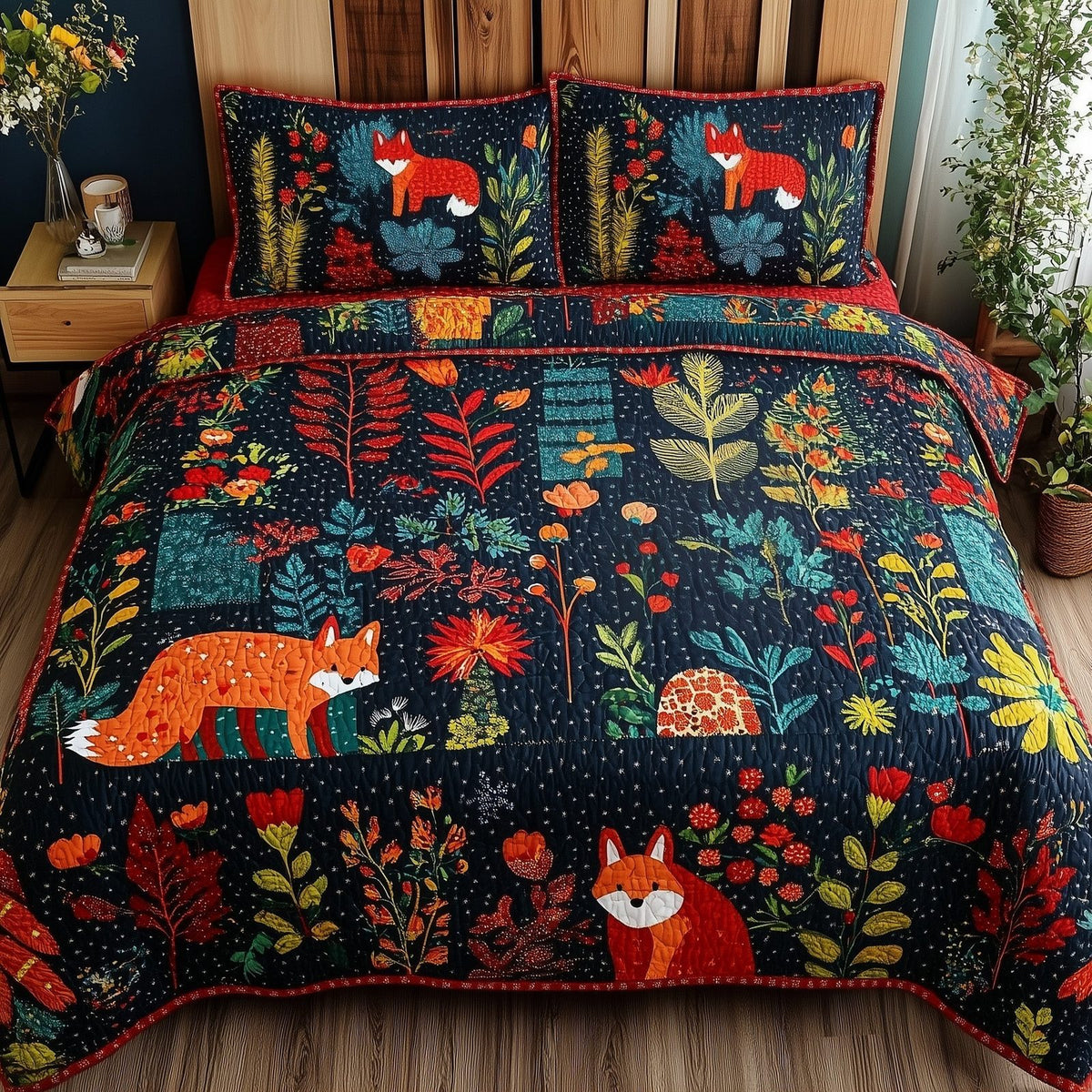 Wonder Woodland quilted 3-piece bedding set on a made bed with two matching pillow shams