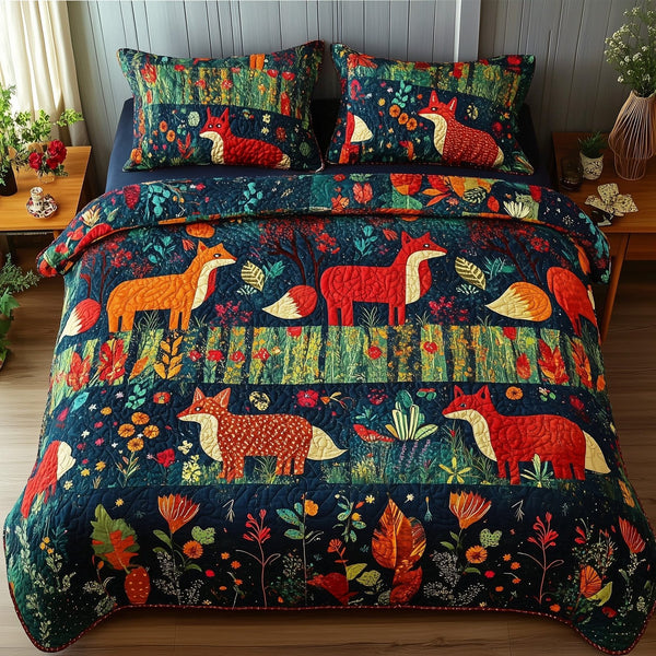 Wonder Woodland quilted 3-piece bedding set on a made bed with two matching pillow shams