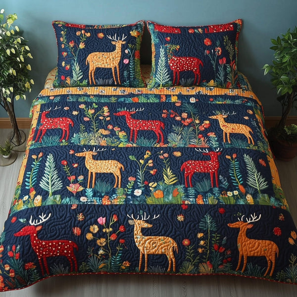Wonder Woodland quilted 3-piece bedding set on a made bed with two matching pillow shams
