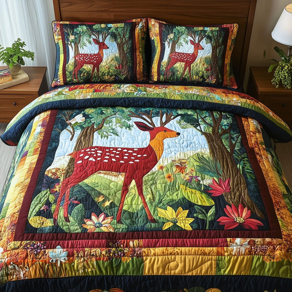 Wonder Woodland quilted 3-piece bedding set on a made bed with two matching pillow shams