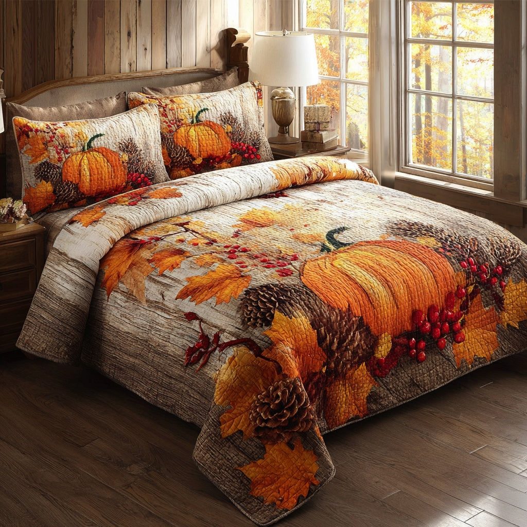 Wood Harvest quilted 3-piece bedding set on a made bed with two matching pillow shams