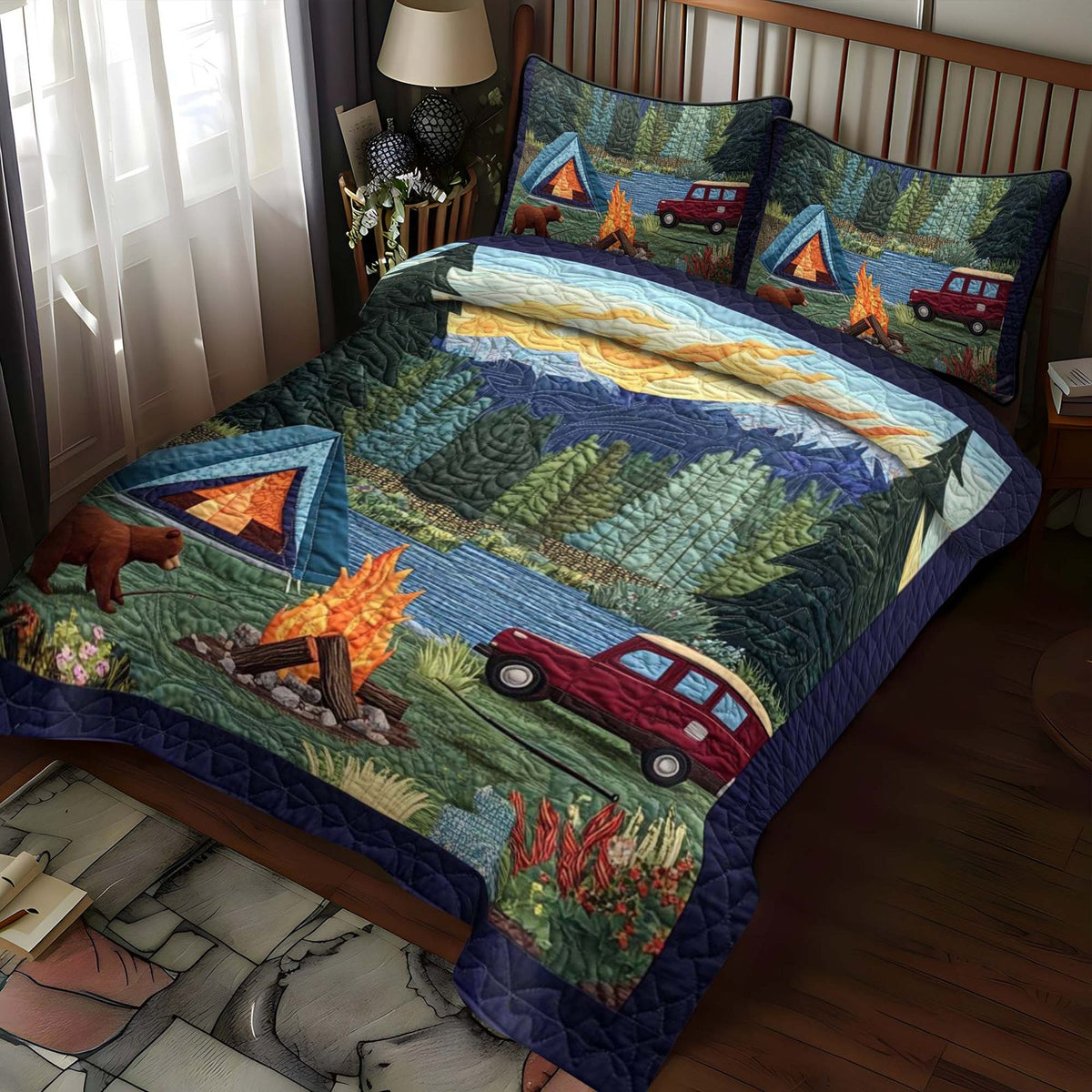 Wooded Bliss quilted 3-piece bedding set on a made bed with two matching pillow shams