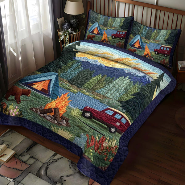 Wooded Bliss quilted 3-piece bedding set on a made bed with two matching pillow shams