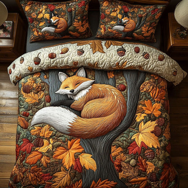 Woodland Autumn Fox quilted 3-piece bedding set on a made bed with two matching pillow shams
