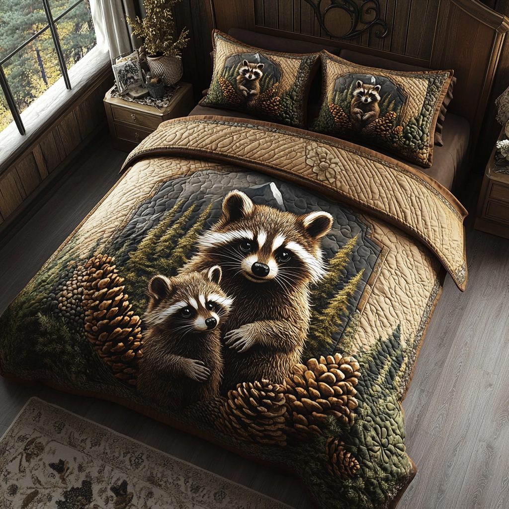 Woodland Bandit quilted 3-piece bedding set on a made bed with two matching pillow shams