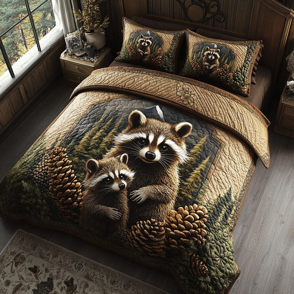 Woodland Bandit quilted 3-piece bedding set on a made bed with two matching pillow shams