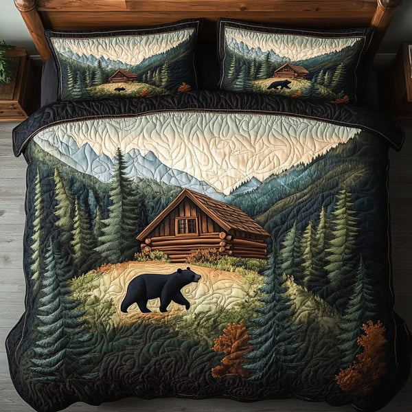 Woodland Bear Cabin quilted 3-piece bedding set on a made bed with two matching pillow shams