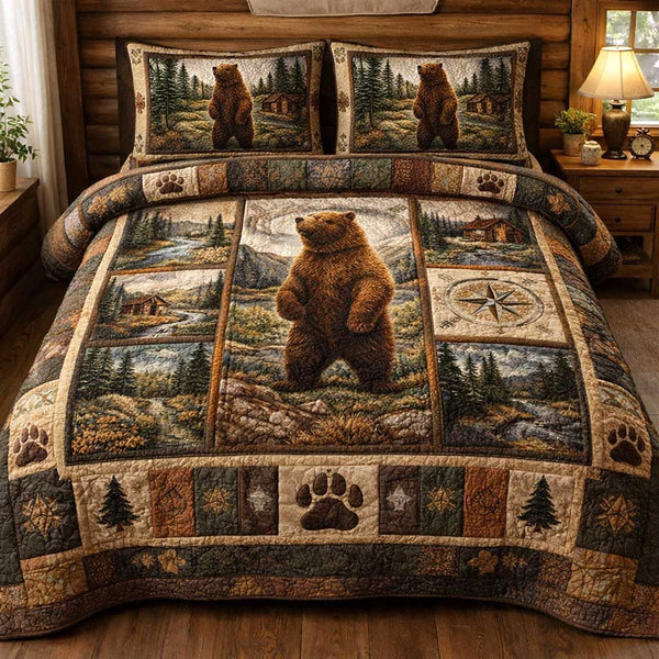 Woodland Bear quilted 3-piece bedding set on a made bed with two matching pillow shams