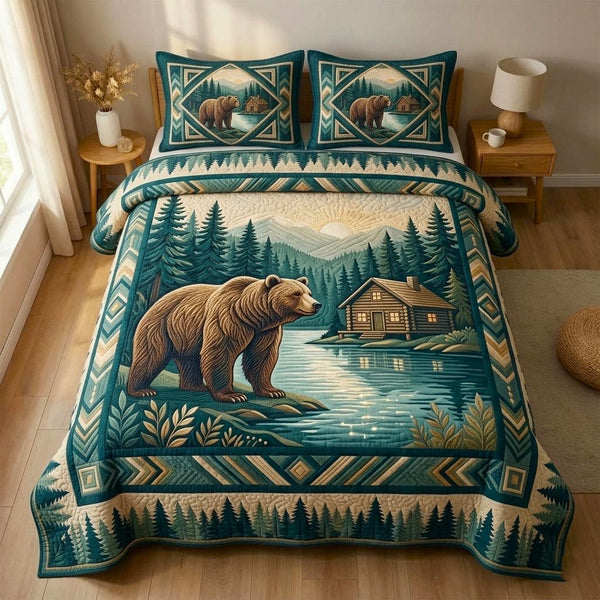 Woodland Bear quilted 3-piece bedding set on a made bed with two matching pillow shams