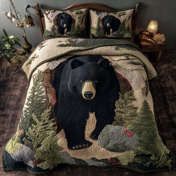 Woodland Bear quilted 3-piece bedding set on a made bed with two matching pillow shams