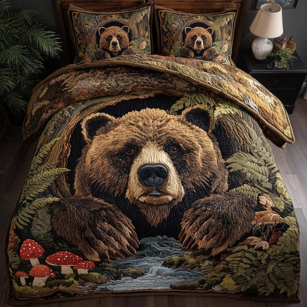Woodland Bear quilted 3-piece bedding set on a made bed with two matching pillow shams