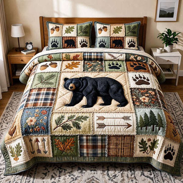 Woodland Bear quilted 3-piece bedding set on a made bed with two matching pillow shams