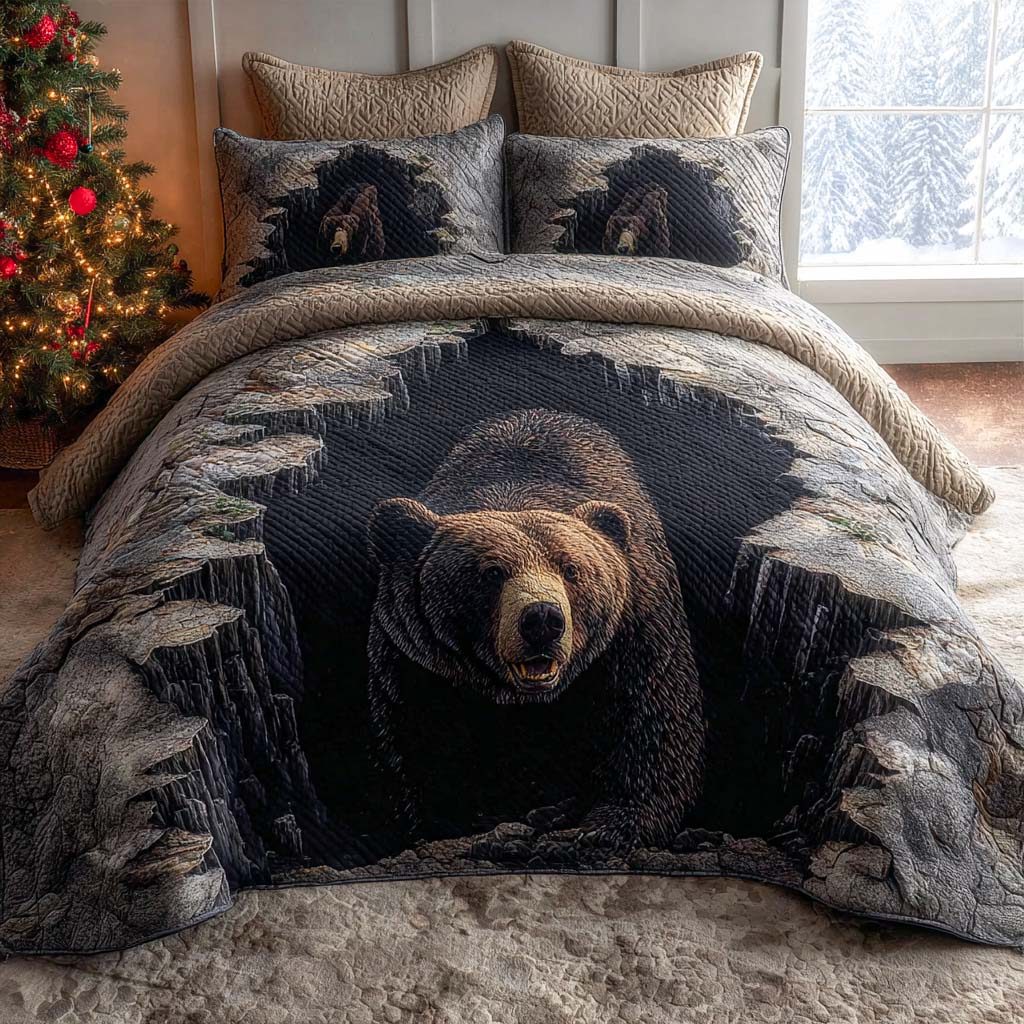Woodland Bear quilted 3-piece bedding set on a made bed with two matching pillow shams