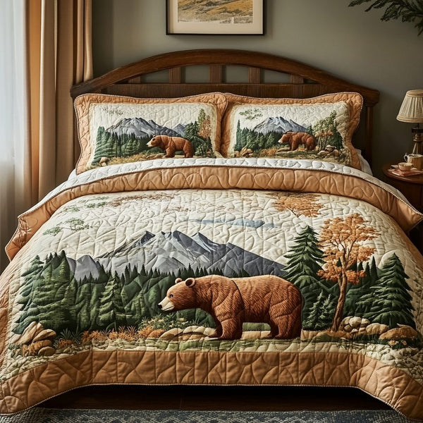 Woodland Bear quilted 3-piece bedding set on a made bed with two matching pillow shams