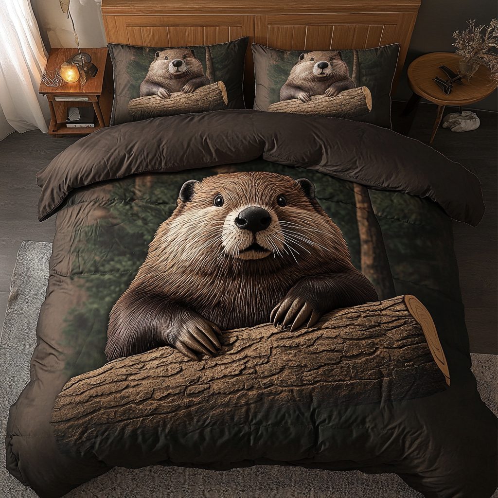 Woodland Beauty quilted 3-piece bedding set on a made bed with two matching pillow shams