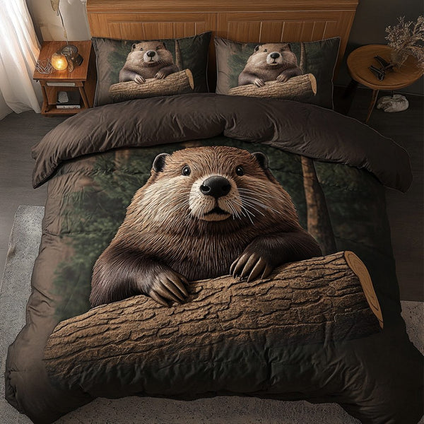 Woodland Beauty quilted 3-piece bedding set on a made bed with two matching pillow shams