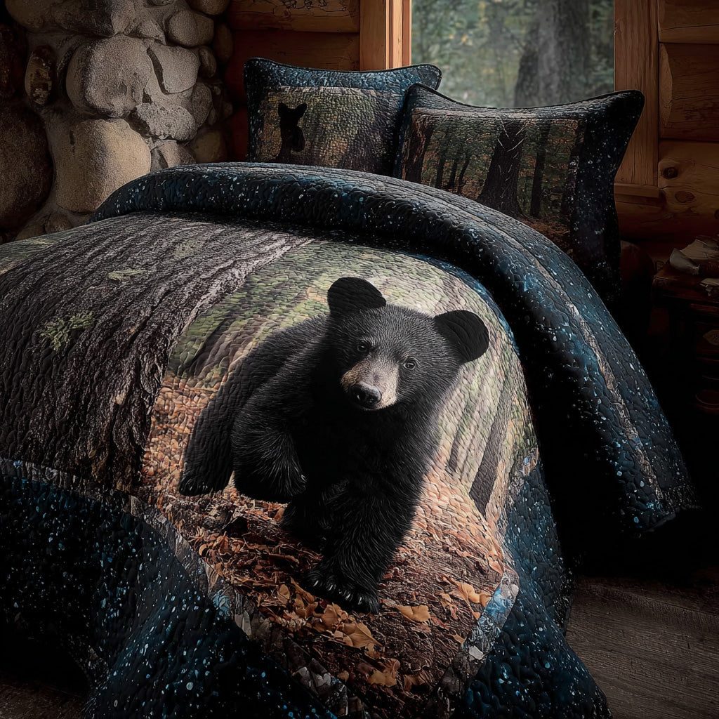 Woodland Black Bear quilted 3-piece bedding set on a made bed with two matching pillow shams