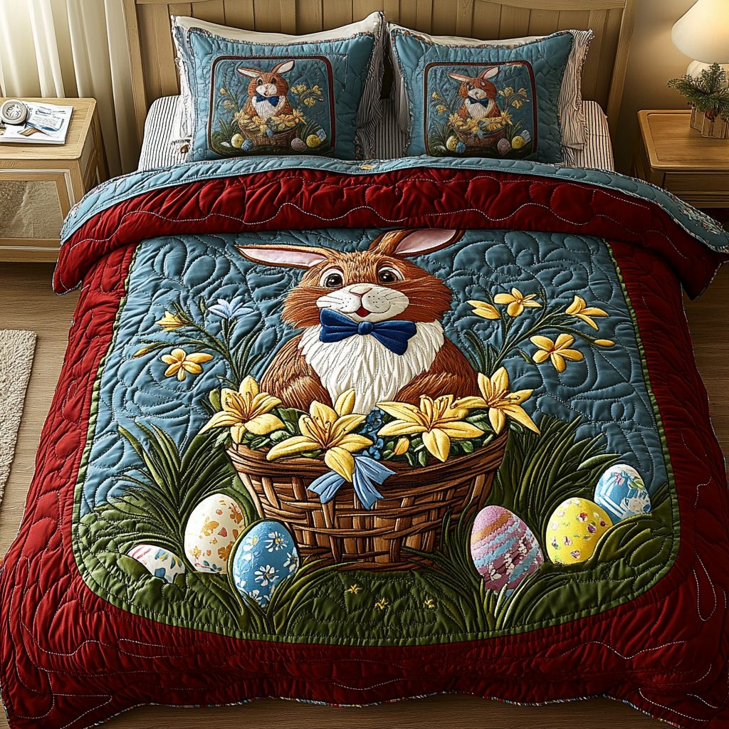 Woodland Bloom quilted 3-piece bedding set on a made bed with two matching pillow shams