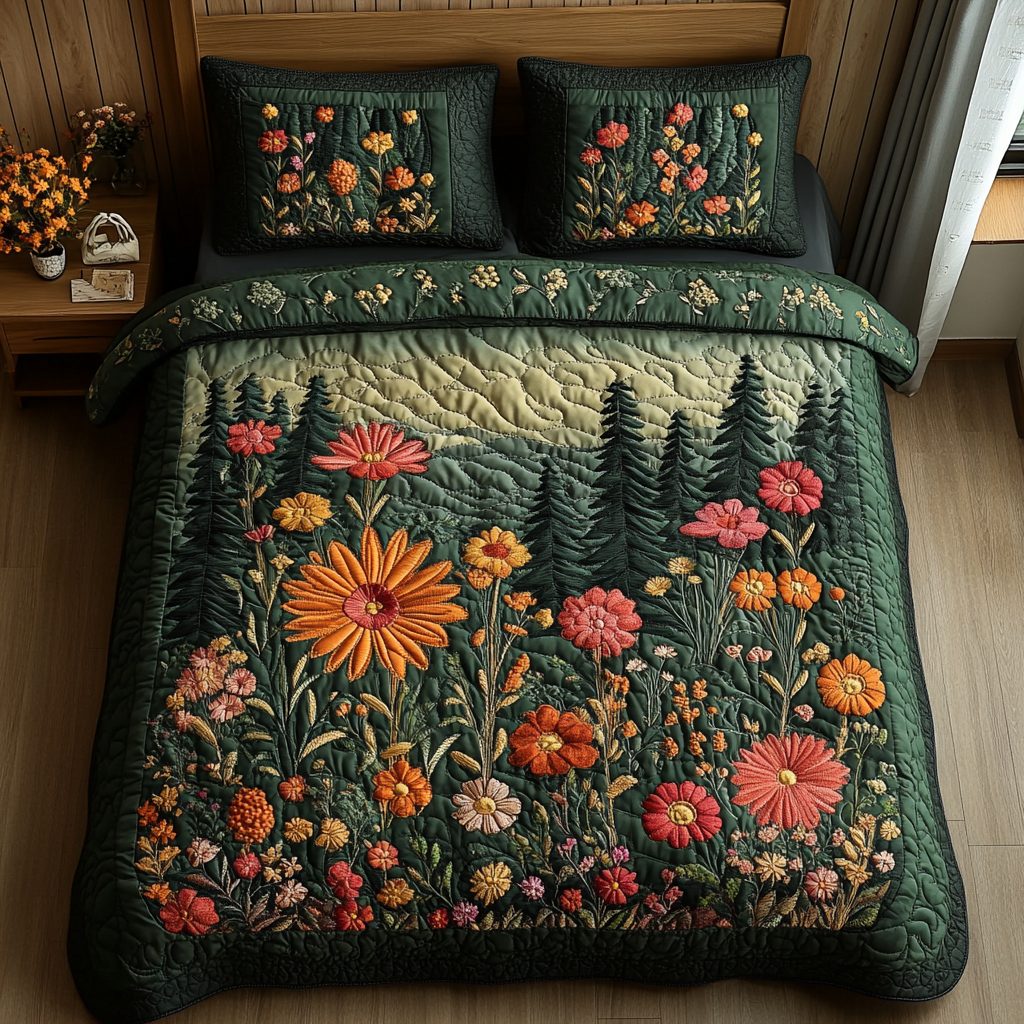 Woodland Bloom quilted 3-piece bedding set on a made bed with two matching pillow shams