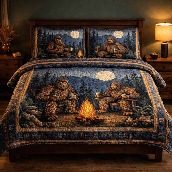 Woodland Brothers quilted 3-piece bedding set on a made bed with two matching pillow shams