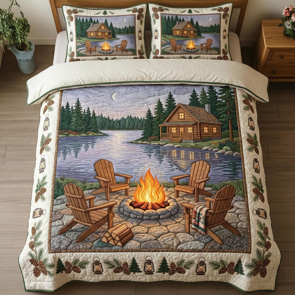 Woodland Cabin quilted 3-piece bedding set on a made bed with two matching pillow shams