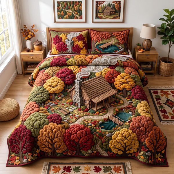 Woodland Cabin quilted 3-piece bedding set on a made bed with two matching pillow shams