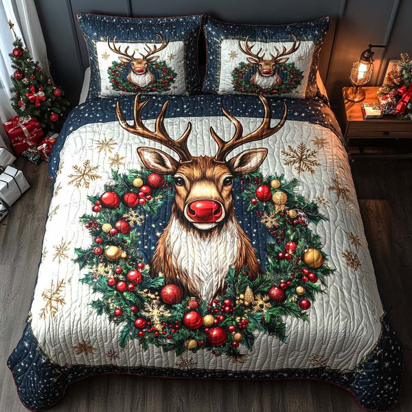 Woodland Christmas Charm quilted 3-piece bedding set on a made bed in a winter-styled bedroom