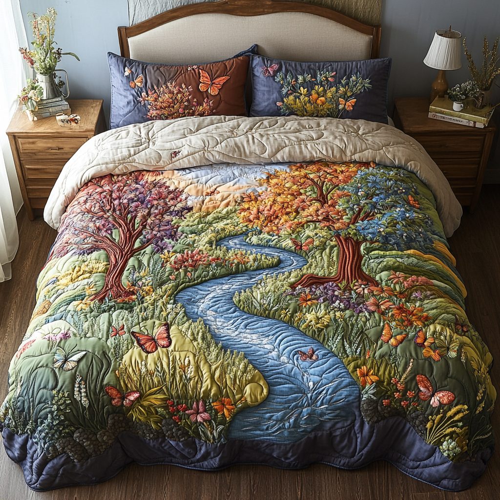 Woodland Dream quilted 3-piece bedding set on a made bed with two matching pillow shams