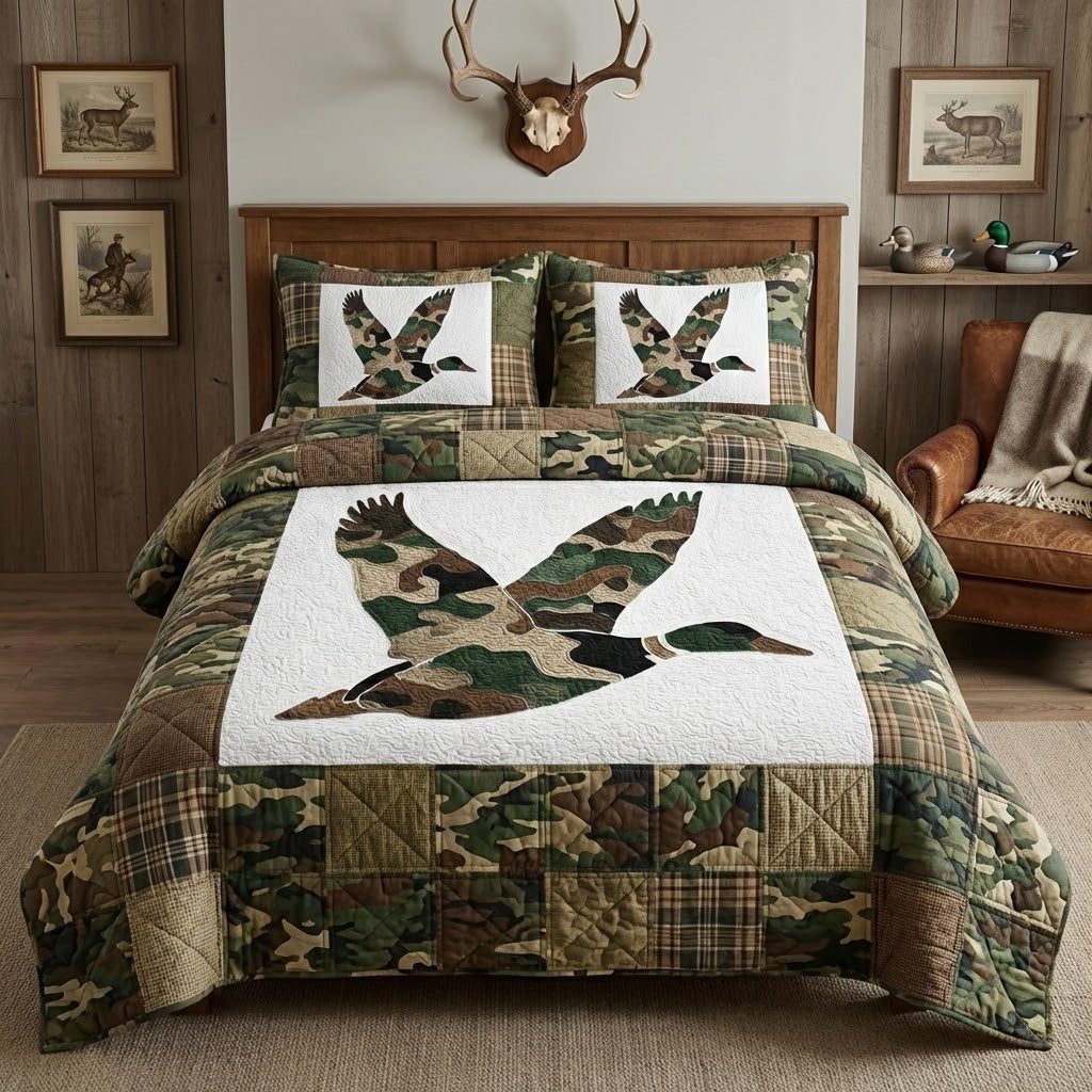 Woodland Duck Flight quilted 3-piece bedding set on a made bed with two matching pillow shams