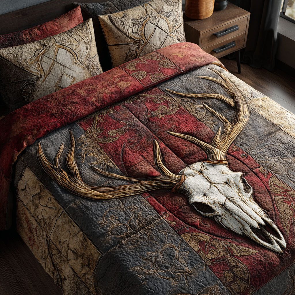 Woodland Echo quilted 3-piece bedding set on a made bed with two matching pillow shams