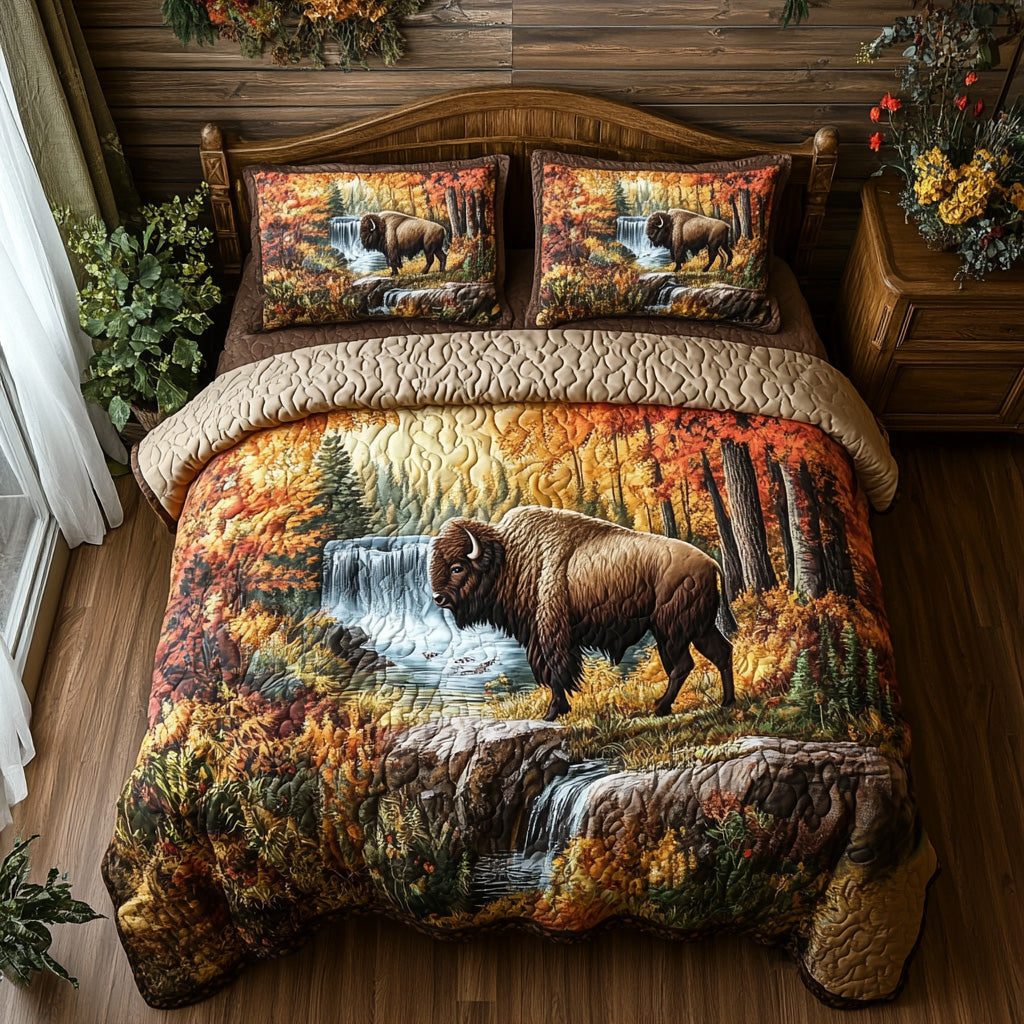 Woodland Embrace quilted 3-piece bedding set on a made bed with two matching pillow shams