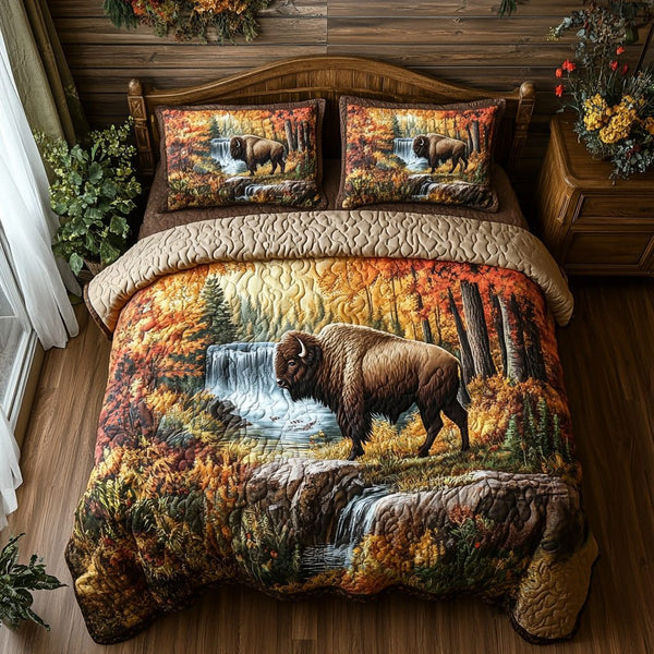Woodland Embrace quilted 3-piece bedding set on a made bed with two matching pillow shams