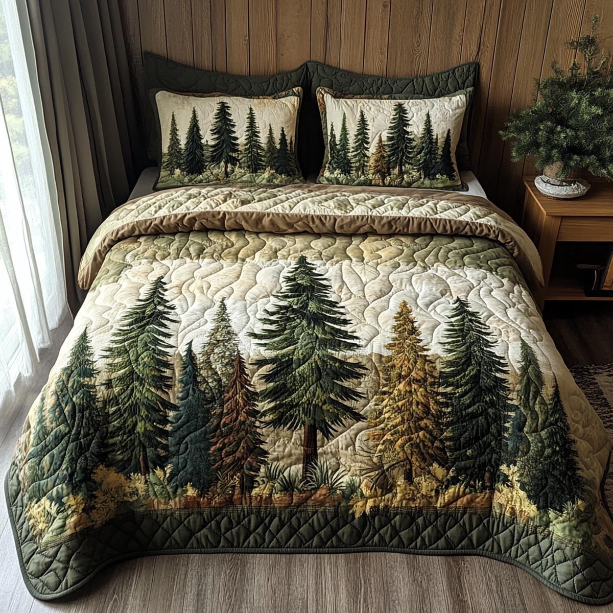 Woodland Escape quilted 3-piece bedding set on a made bed with two matching pillow shams