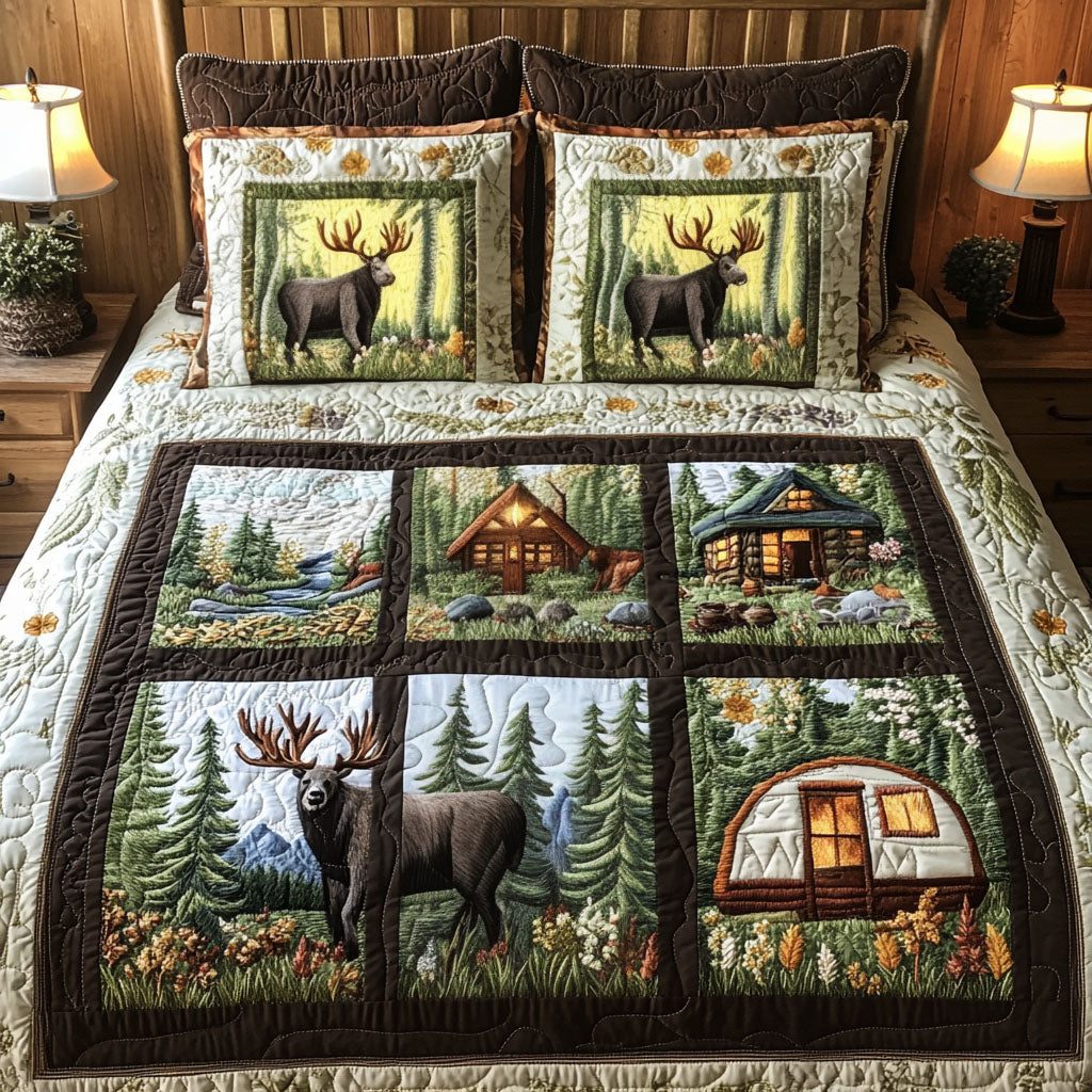 Woodland Escape quilted 3-piece bedding set on a made bed with two matching pillow shams