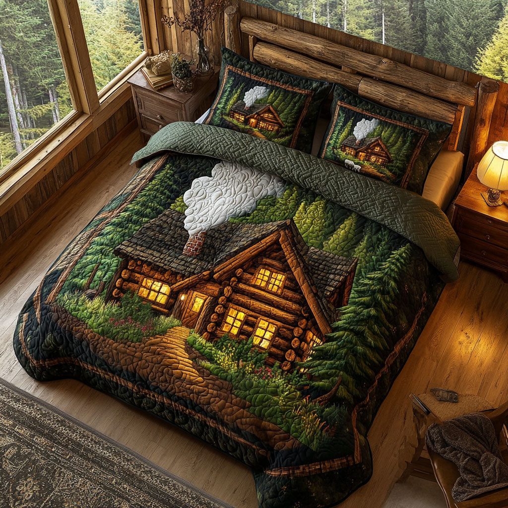 Woodland Escape quilted 3-piece bedding set on a made bed with two matching pillow shams