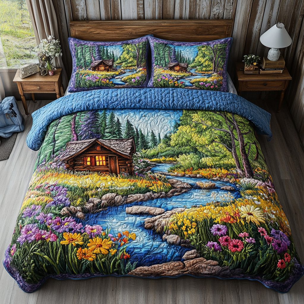 Woodland Escape quilted 3-piece bedding set on a made bed with two matching pillow shams