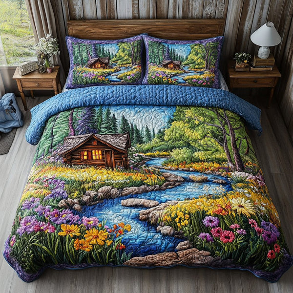 Woodland Escape quilted 3-piece bedding set on a made bed with two matching pillow shams