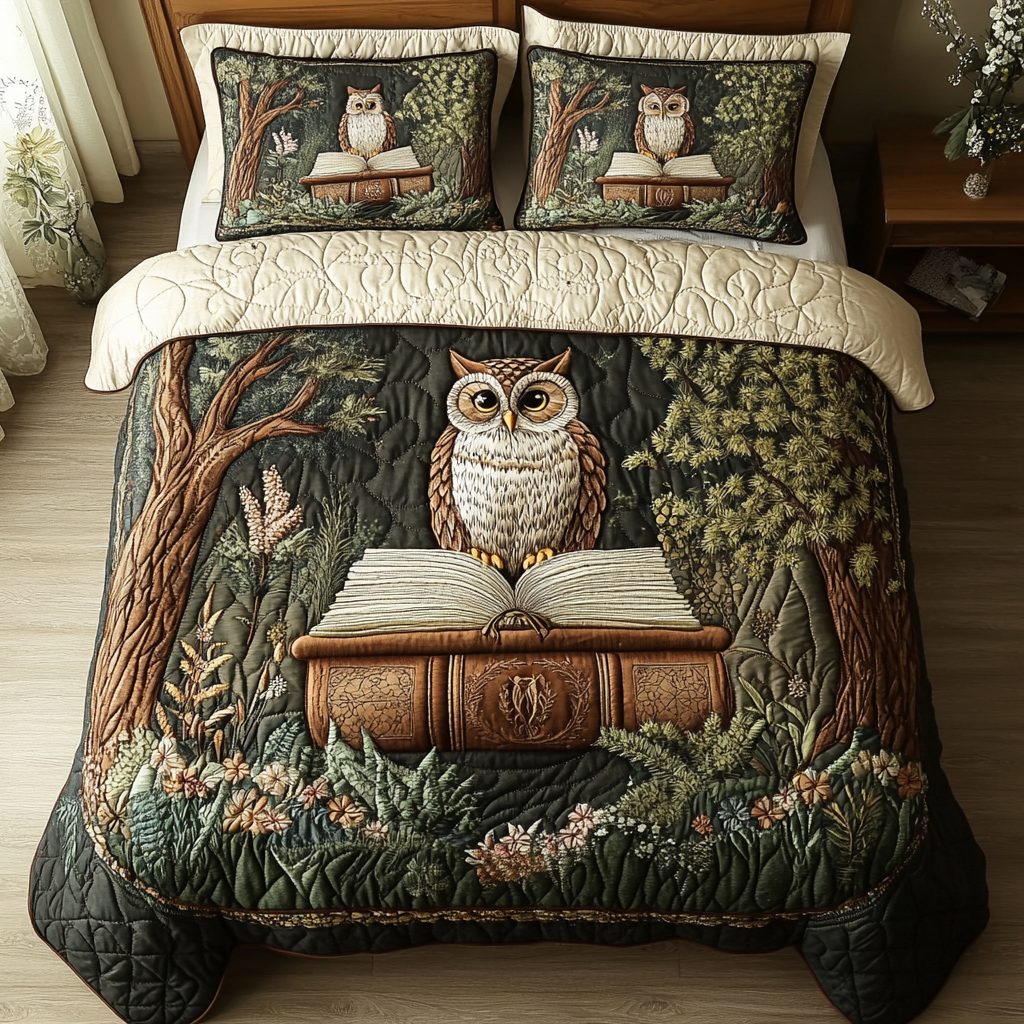 Woodland Eyes quilted 3-piece bedding set on a made bed with two matching pillow shams