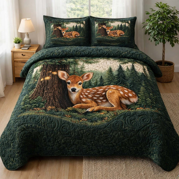 Woodland Fawn quilted 3-piece bedding set on a made bed with two matching pillow shams