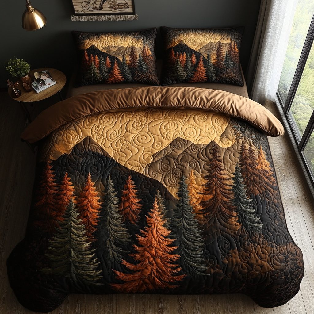 Woodland Firefall quilted 3-piece bedding set on a made bed with two matching pillow shams